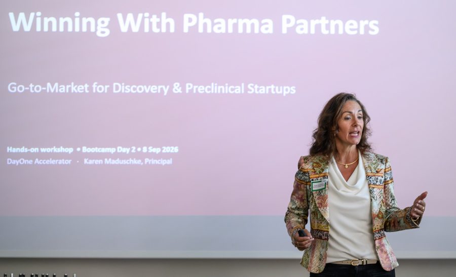 Karen Maduschke presenting the hands-on go-to-market workshop at the DayOne Accelerator bootcamp in Basel, September 2026